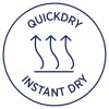 Изображение содержит круговую графику с текстом «QUICKDRY» и «INSTANT DRY», а также тремя стрелками вверх и волнистыми линиями, символизирующими быстрое высыхание.