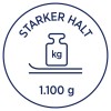 Изображение содержит круглый дизайн с текстом «STARKER HALT» и иллюстрацией гири с надписью «kg», а также числом «1.100 г» внизу.