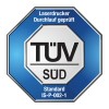 Изображение показывает логотип сертификации от TÜV Süd для лазерных принтеров, указывающий, что они были протестированы согласно стандарту IS-P-002-1.