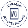 Изображение содержит круглый логотип, продвигающий 'UltraGrip Jam-Free Printing', с графическим изображением документа, на котором линии подразумевают плавную работу.