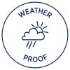 Изображение представляет собой круглый значок с надписью «WEATHER PROOF» над и под облаком с символами дождя и солнца. Оно передает идею защиты от различных погодных условий.