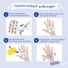 Изображение содержит инструкции по нанесению временных татуировок, включая вырезание рисунка, его прижатие к коже, смачивание и удаление подложки.